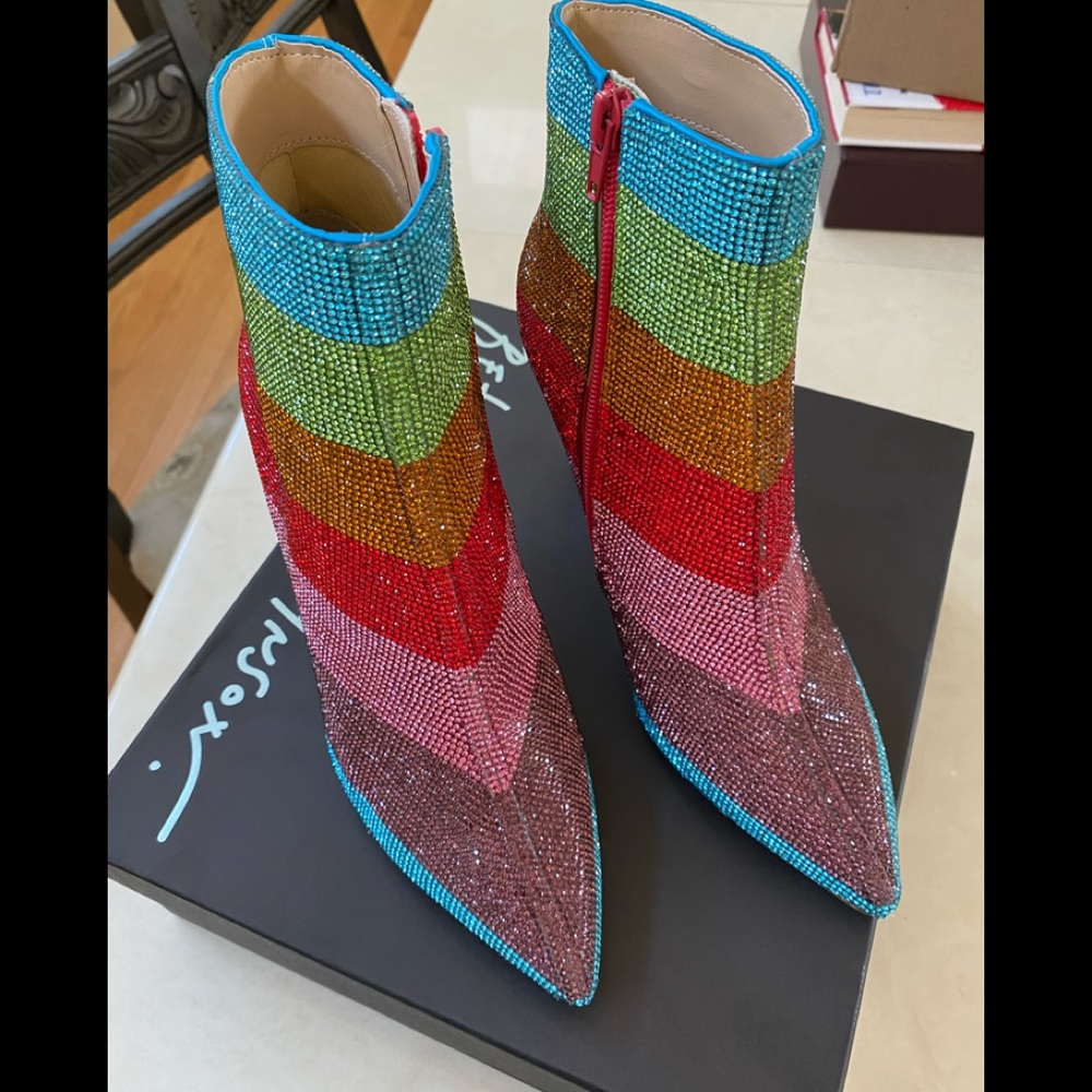 Betsy Johnson -Multi Strip Emmy Boots. NWT